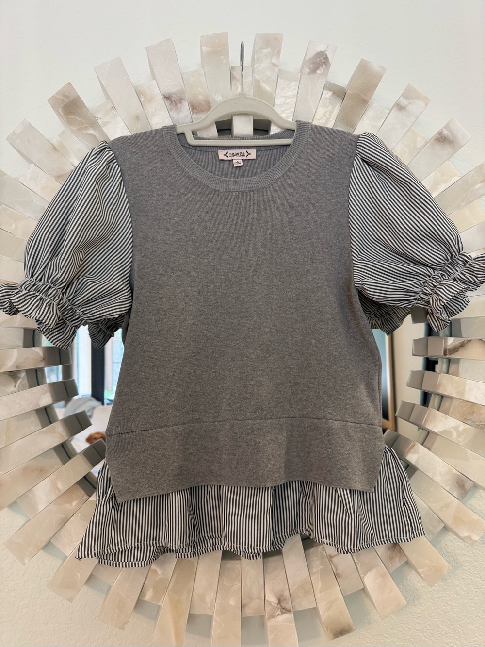 Nanette Lepore Grey Knit Top with Black & White Striped Puff Sleeves
